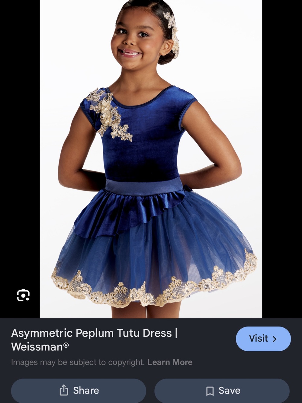 Weissman Royal Blue Velvet Asymmetric Peplum Tutu Dress with Gold Lace